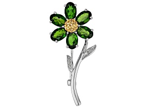 Green Chrome Diopside Rhodium and 18K Yellow Gold Over Silver Brooch 3.03ctw