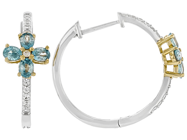 Blue Zircon Rhodium and 18k Yellow Gold Over Sterling Silver Earrings 1.93ctw