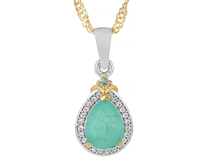 Green Zambian Emerald Rhodium and 18K Yellow Gold Over Sterling Silver Pendant with Chain 0.96ctw