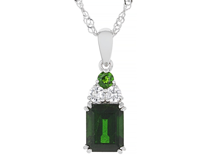 Green Chrome Diopside with White Zircon Rhodium Over Sterling Silver Pendant with Chain 2.46ctw