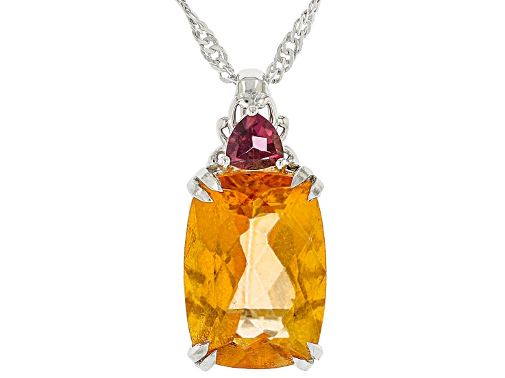 Mandarin Orange Topaz with Pink Topaz Rhodium Over Sterling Silver Pendant with Chain 7.47ctw