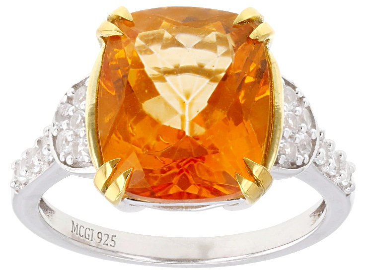 Mandarin Orange Topaz Rhodium and 18k Yellow Gold Over Silver Ring 5.76ctw