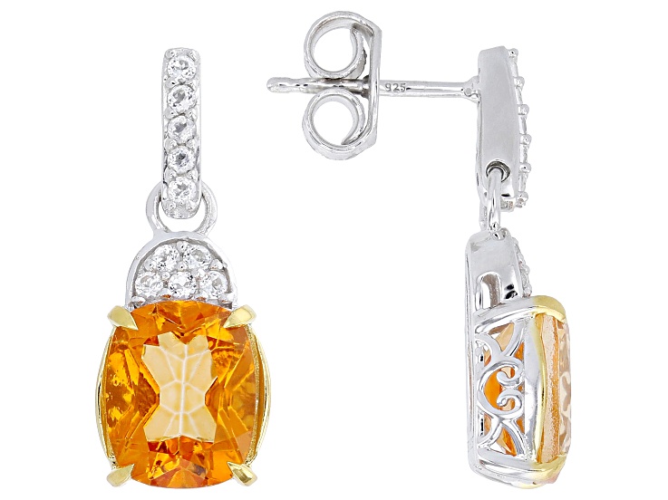 Mandarin Orange Topaz Rhodium and 18k Yellow Gold Over Silver Earrings 6.31ctw