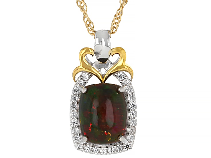 Black Ethiopian Opal Rhodium and 18k Yellow Gold Over Silver Pendant With Chain 2.08ctw