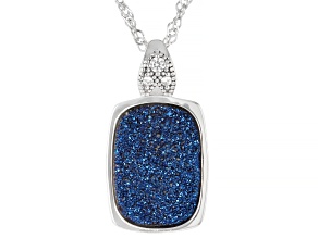 Blue Druzy Quartz And White Zircon Rhodium Over Sterling Silver Pendant And Chain 3.51ctw
