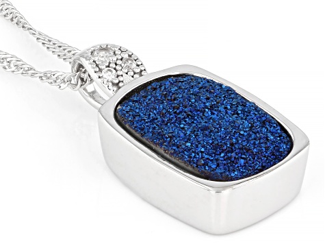 Blue Druzy Quartz And White Zircon Rhodium Over Sterling Silver