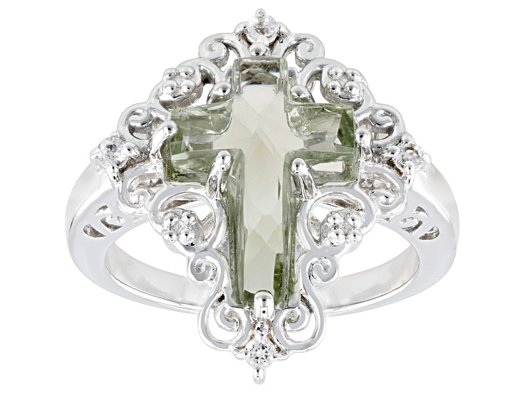 Green Prasiolite And White Topaz Rhodium Over Sterling Silver Ring 2.91ctw