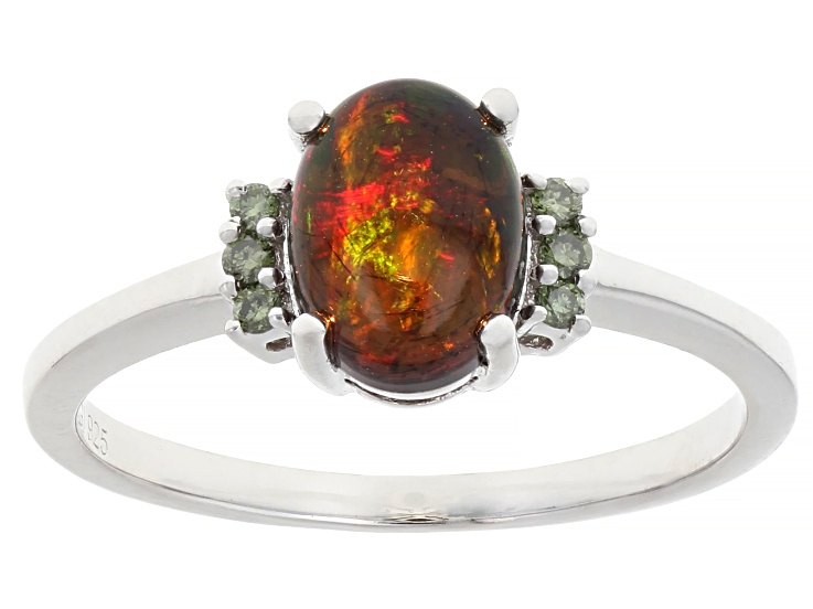Black Ethiopian Opal With Green Lab Grown Diamond Rhodium Over Sterling Silver Ring 0.80ctw