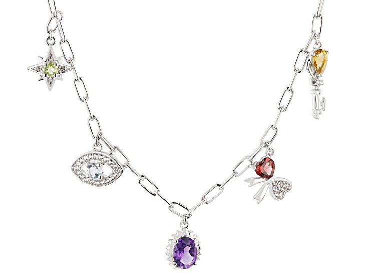Multi-Color Multi-Stone Rhodium Over Sterling Silver Charm Necklace 2.49ctw