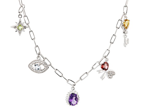 Multi-Color Multi-Stone Rhodium Over Sterling Silver Charm Necklace 2.49ctw