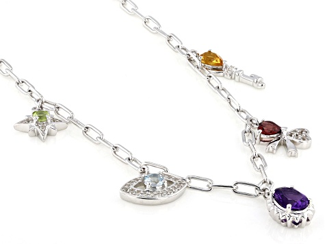 Multi-Color Multi-Stone Rhodium Over Sterling Silver Charm Necklace 2.49ctw