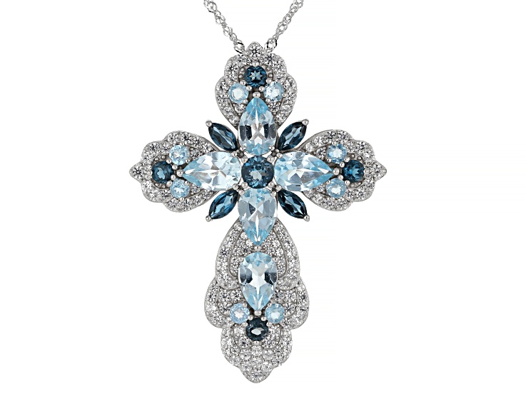 Sky Blue Topaz Rhodium Over Sterling Silver Cross Pendant with