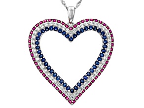 Blue Lab Created Sapphire Rhodium Over Sterling Silver Heart Pendant With Chain 5.08ctw