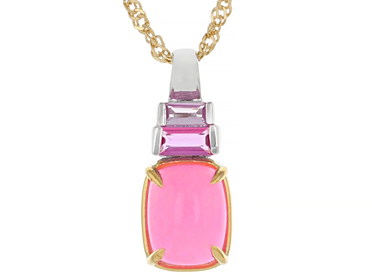 Pink Ethiopian Opal with Pink Lab Sapphire Rhodium & 18K Yellow Gold Over Silver Pendant 1.58ctw