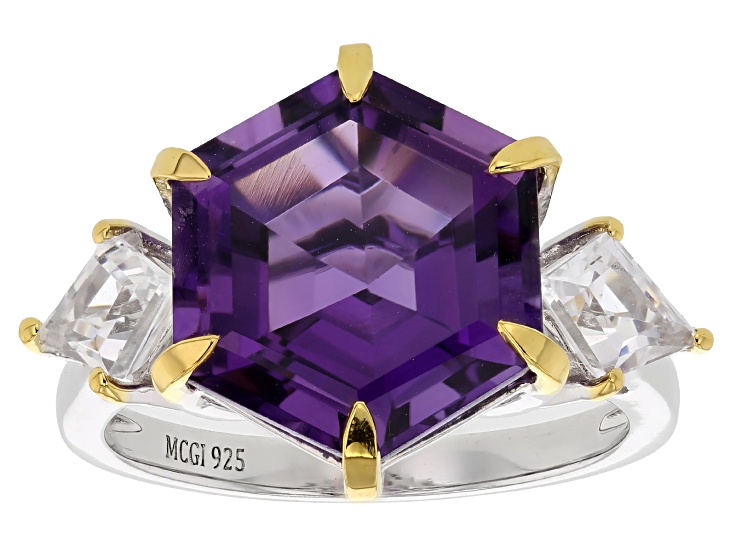 Hexagon Purple Canela Amethyst with Lab Sapphire Rhodium & 18K Yellow Gold Over Silver Ring 6.30ctw