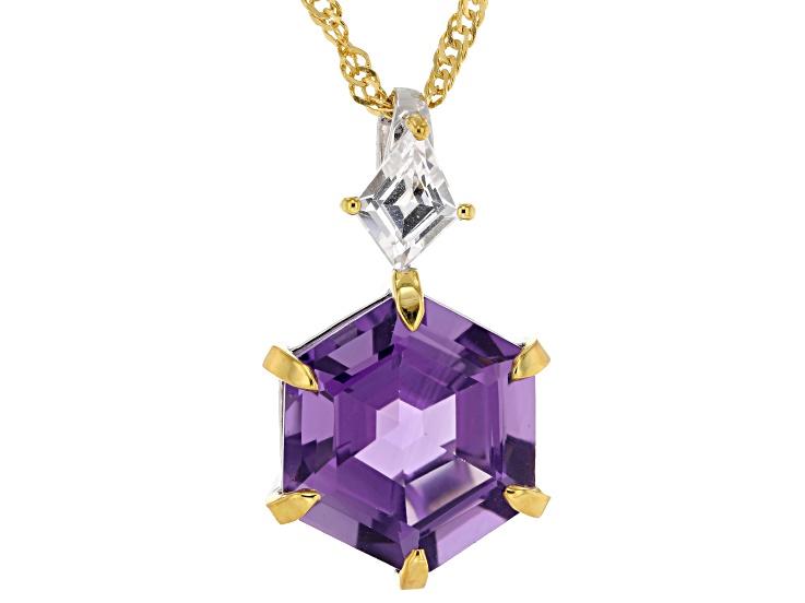 Hexagon Purple Canela Amethyst Rhodium & 18K Yellow Gold Over Silver Pendant With Chain 5.70ctw