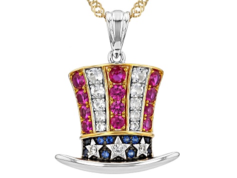 Lab Created Ruby Rhodium & 18K Yellow Gold Over Sterling Silver Pendant With Chain 1.06ctw