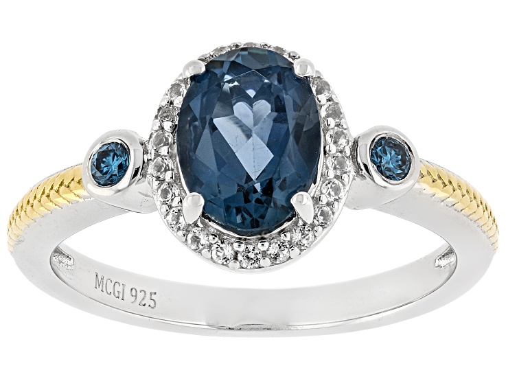London Blue Topaz with Lab Grown Diamond D-F VS-SI and White Topaz Rhodium Over Silver Ring 1.43ctw
