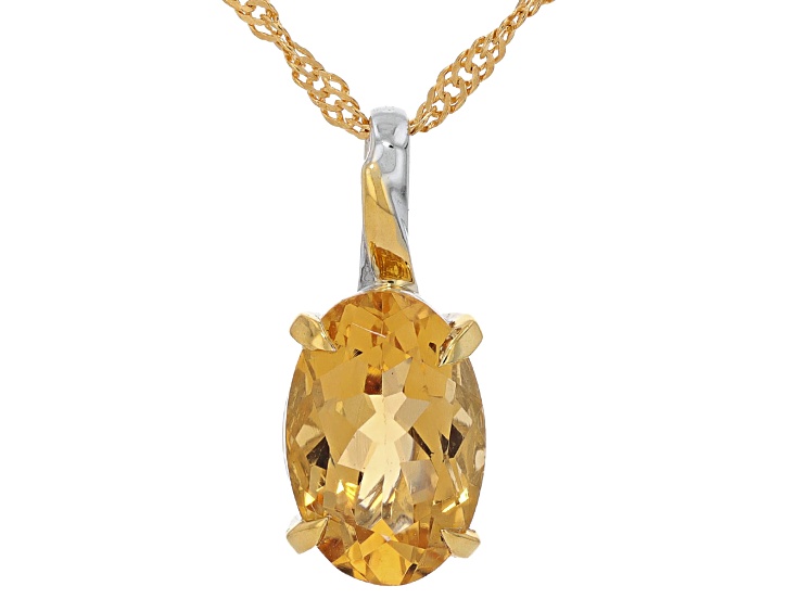 Yellow Citrine Rhodium and 18k Yellow Gold Over Sterling Silver Pendant with Chain 2.89ctw