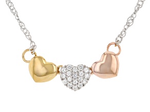 White Zircon Rhodium, 18k Rose and Yellow Gold Over Silver Tri-Color Necklace 0.18ctw