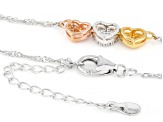 White Zircon Rhodium, 18k Rose and Yellow Gold Over Silver Tri-Color Necklace 0.18ctw