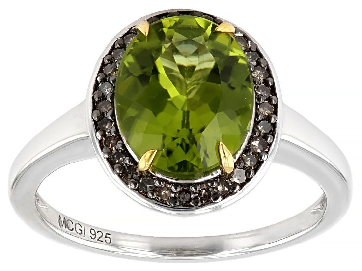 Green Peridot with Champagne Diamond Rhodium Over Sterling Silver Ring 2.40ctw