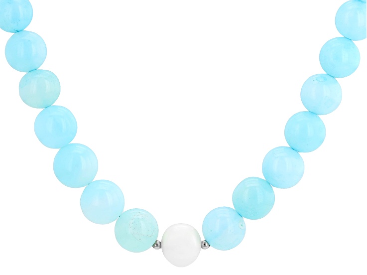 Blue Opal with White Cultured Freshwater Pearl Rhodium Over Sterling Silver Necklace