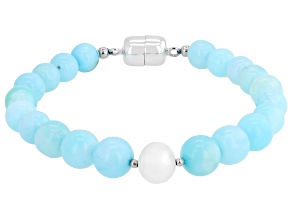 Blue Opal with White Cultured Freshwater Pearl Rhodium Over Sterling Silver Bracelet