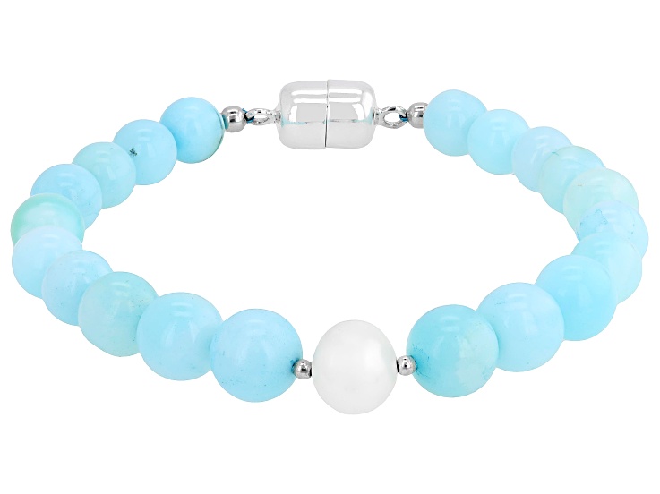 Blue Opal with White Cultured Freshwater Pearl Rhodium Over Sterling Silver Bracelet