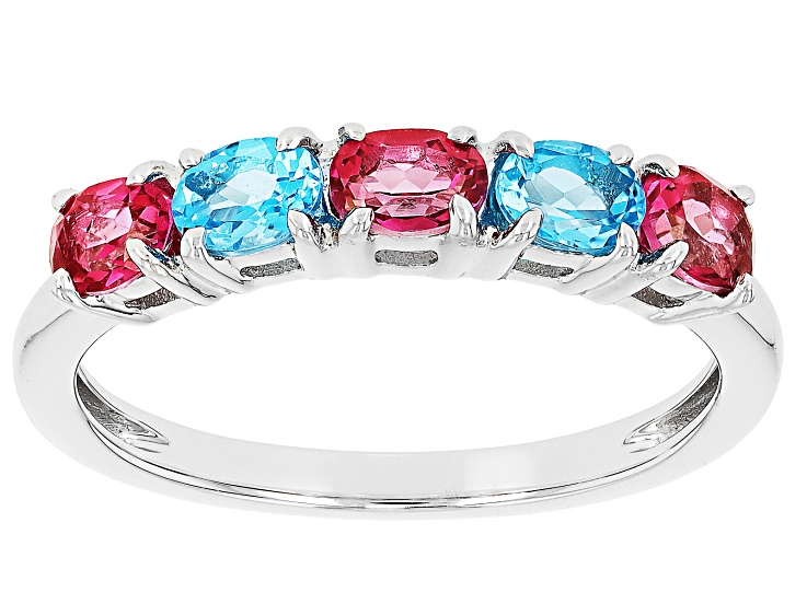 Swiss Blue Topaz with Pink Topaz Rhodium Over Sterling Silver Ring 0.97ctw