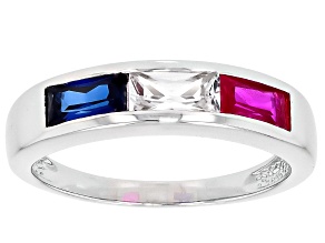 Blue Lab Sapphire and White Lab Sapphire With Ruby Rhodium Over Sterling Silver Ring 1.13ctw