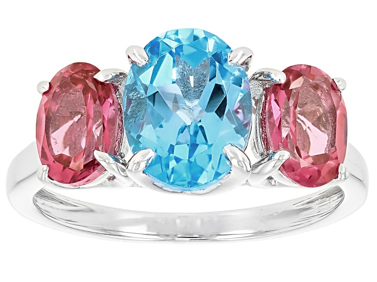 Swiss Blue Topaz with Pink Topaz Rhodium Over Sterling Silver Ring 3.43ctw