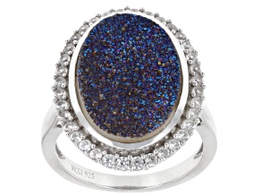 Blue Drusy Quartz With White Zircon Rhodium Over Sterling Silver Ring 9.23ctw