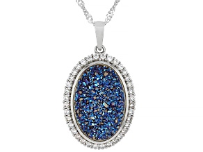 Blue Drusy Quartz With White Zircon Rhodium Over Sterling Silver Pendant And Chain 9.05ctw