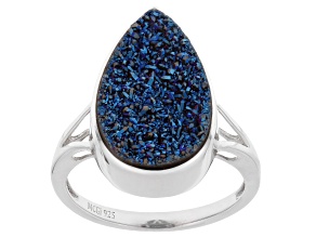 Blue Drusy Quartz Rhodium Over Sterling Silver Ring 7.02ct