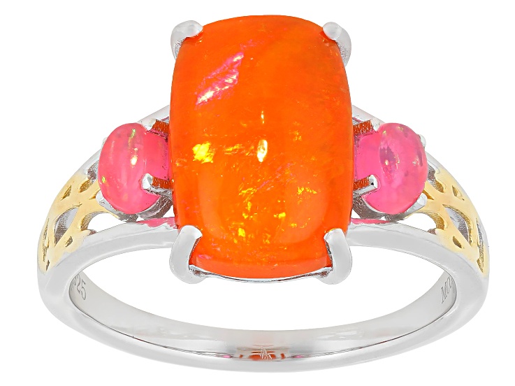 Orange & Pink Ethiopian Opal Rhodium & 18K Yellow Gold Over Sterling Silver Ring 2.5ctw