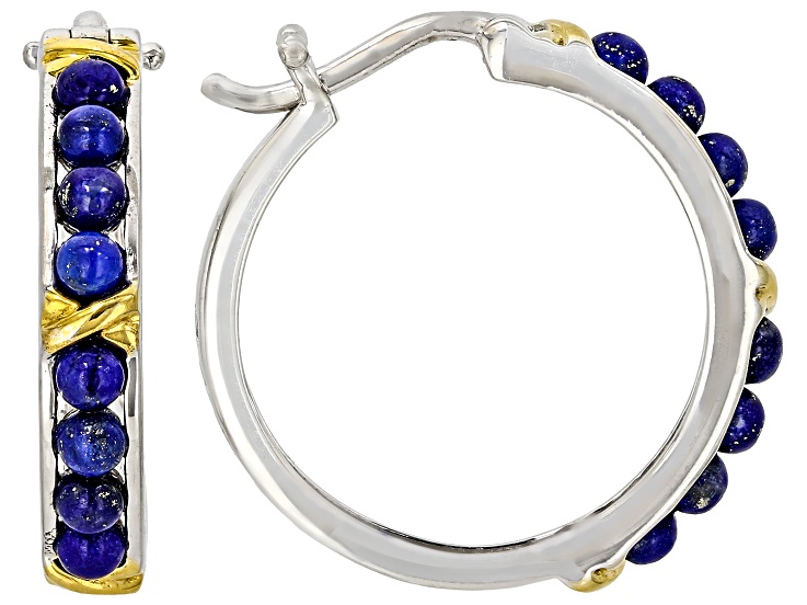 Blue Lapis Lazuli Rhodium & 18K Yellow Gold Over Sterling Silver Beaded Hoop Earrings