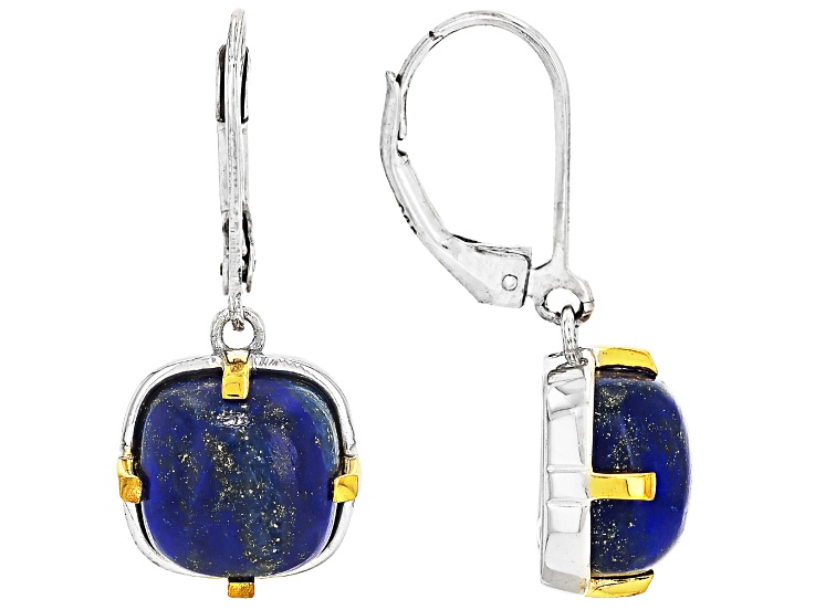 Blue Lapis Lazuli Rhodium & 18K Yellow Gold Over Sterling Silver Solitaire Dangle Earrings