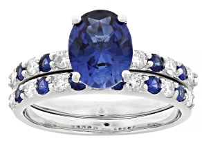 Blue Lab Created Sapphire with White Moissanite Rhodium Over Sterling Silver Ring 2.70ctw