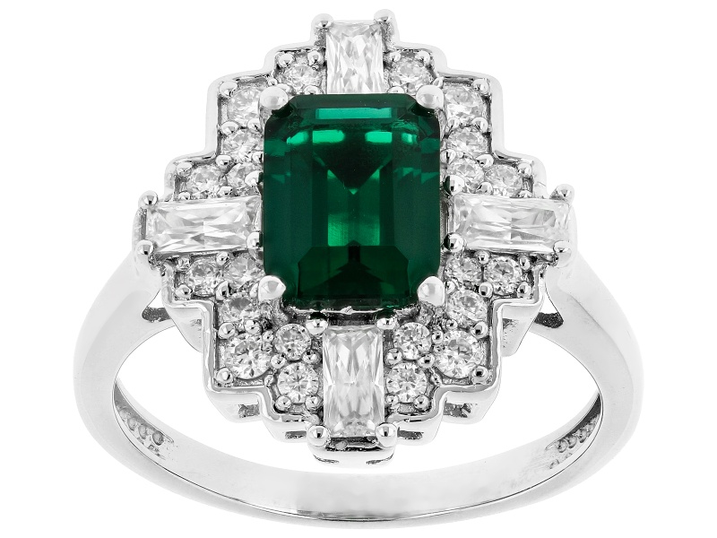 Lab Created Green Emerald with White Moissanite Rhodium Over Sterling Silver Ring 1.88ctw