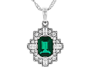 Lab Created Green Emerald with White Moissanite Rhodium Over Silver Pendant with Chain 1.88ctw