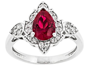 Lab Created Ruby with Moissanite Rhodium Over Sterling Silver Ring 1.36ctw