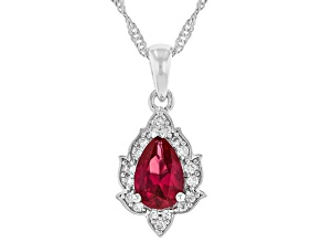 Lab Created Red Ruby with White Moissanite Rhodium Over Sterling Silver Pendant with Chain 1.29ctw