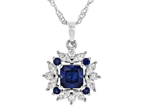 Blue Lab Created Sapphire with White Moissanite Rhodium Over Silver Pendant with Chain 1.78ctw