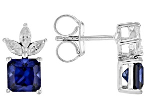 Blue Lab Created Sapphire with White Moissanite Rhodium Over Sterling Silver Earrings 2.4ctw