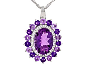 Canela, African, Brazilian Amethyst with White Zircon Rhodium Over Silver Pendant With Chain 6.26ctw