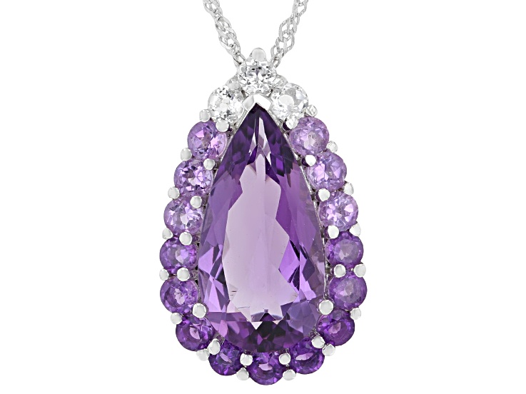 Purple Canela, African, Brazilian, Amethyst with White Topaz Rhodium over Silver Pendant 8.67ctw