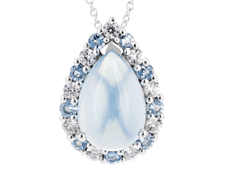 12x8mm Dreamy & Ofiki Aquamarine Rhodium Over Sterling Silver Pendant With Chain 0.53ctw