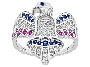Blue Lab Created Sapphire & Lab Created Ruby With Zircon Rhodium Over Sterling Silver Ring 0.65ctw
