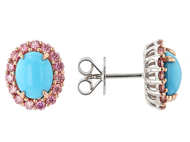 Sleeping Beauty Turquoise & Pink Moissanite Rhodium & 18K Rose Gold Over Silver Earrings 1.15ctw